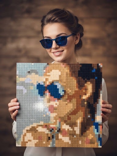 A woman in sunglasses smiling and holding up a brick mosaic portrait of herself