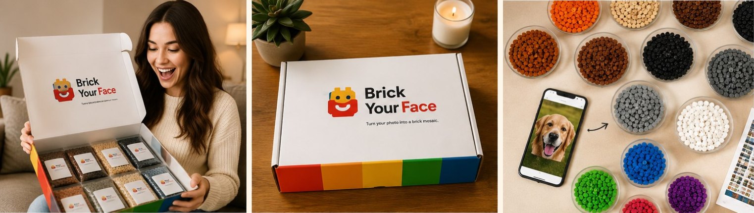 What ships in a BrickYourFace kit: the box opened to show labeled, color-sorted brick bags, the closed box, and bricks sorted by color